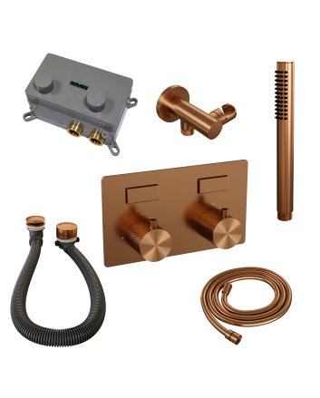 BRAUER Copper Carving thermostatische inbouw badkraan met drukknoppen SET 03 met badvulcombinatie en staaf handdouche en doucheslang en wandaansluitbocht koper geborsteld PVD