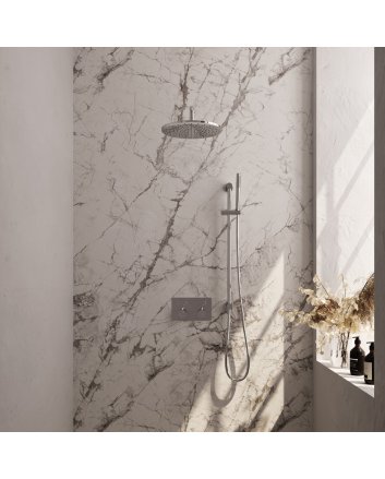 BRAUER Chrome Edition thermostatische inbouw regendouche met drukknoppen SET 64 met 30 cm douchekop en gebogen muurarm en staaf handdouche en doucheslang en geïntegreerde glijstang chroom