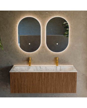 Mondiaz Kurve-Dlux 120cm badmeubel kleur Walnut met 1 lade en 0 deuren. Wastafel Big large Midden 2 kraangaten Glace.
