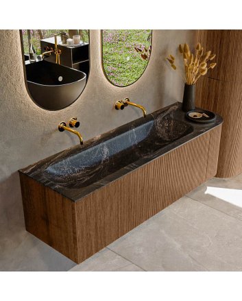 Mondiaz Kurve-Dlux 145cm badmeubel ronding Rechts kleur Walnut met 1 lade en 1 deur. Wastafel Big large Links zonder kraangat Lava.