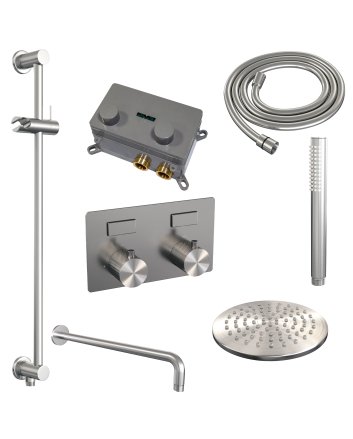BRAUER Brushed Carving thermostatische inbouw regendouche met drukknoppen SET 63 met 20 cm douchekop en gebogen muurarm en staaf handdouche en doucheslang en geïntegreerde glijstang RVS geborsteld PVD