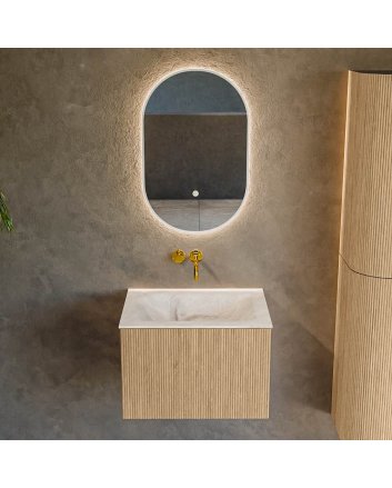Mondiaz Kurve-Dlux 60cm badmeubel kleur Oak met 1 lade en 0 deuren. Wastafel Cloud Midden zonder kraangat Frappe.