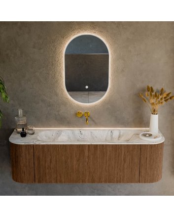 Mondiaz Kurve-Dlux 150cm badmeubel ronding Links + Rechts kleur Walnut met 1 lade en 2 deuren. Wastafel Big medium Midden zonder kraangat Glace.