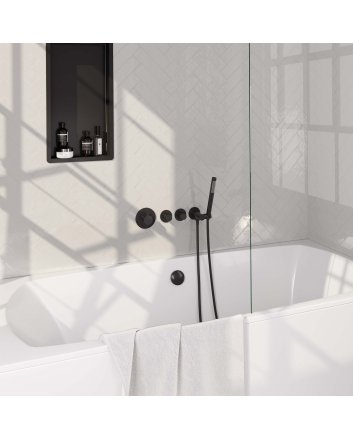 BRAUER Black Carving thermostatische inbouw badkraan SET 01 met badvulcombinatie en staaf handdouche en doucheslang en wandaansluitbocht mat zwart