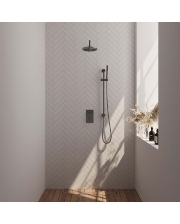 BRAUER Gunmetal Carving thermostatische inbouw regendouche 3-weg omstelling SET 39 met 20 cm douchekop en gebogen muurarm en staaf handdouche en doucheslang en geïntegreerde glijstang gunmetal geborsteld PVD