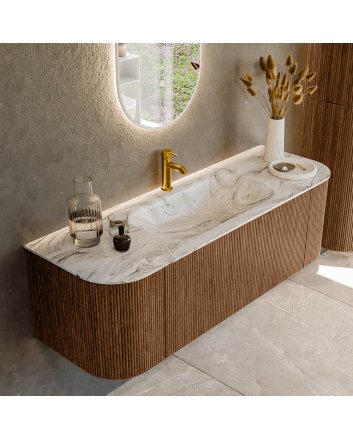 Mondiaz Kurve-Dlux 140cm badmeubel ronding Links + Rechts kleur Walnut met 1 lade en 2 deuren. Wastafel Big small Midden 1 kraangat Glace.