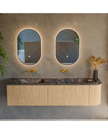 Mondiaz Kurve-Dlux 175cm badmeubel ronding Rechts kleur Oak met 2 lades en 1 deur. Wastafel Stor small Dubbel / Links zonder kraangat Lava.