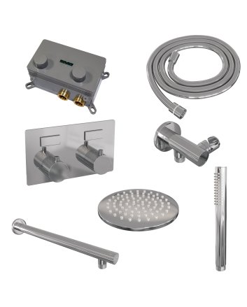 BRAUER Chrome Carving thermostatische inbouw regendouche met drukknoppen SET 49 met 20 cm douchekop en rechte muurarm en staaf handdouche en doucheslang en wandaansluitbocht chroom