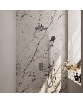 BRAUER Brushed Edition thermostatische inbouw regendouche 3-weg omstelling SET 44 met 30 cm douchekop en rechte muurarm en 3-standen handdouche en doucheslang en geïntegreerde glijstang RVS geborsteld PVD