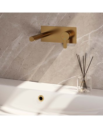BRAUER Gold Edition inbouw wastafelmengkraan met rechte uitloop en afdekplaat model D1 goud geborsteld PVD