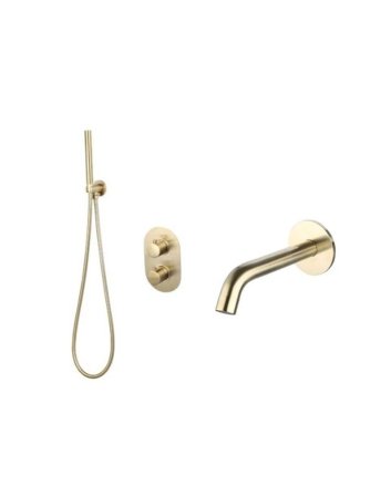 Sani DeLuxe Badset inbouw met box thermostaat, muurbevestiging / doucheslang, staafhanddouche rond Goud Geborsteld