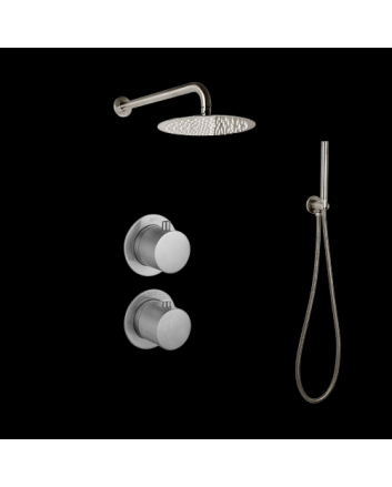Sani DeLuxe Doucheset inbouw met box thermostaat, muurbevestiging / afwerkringen / douchekop 25 cm rond Gun Metal met geribbeld knop