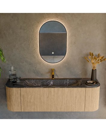 Mondiaz Kurve-Dlux 150cm badmeubel ronding Links + Rechts kleur Oak met 1 lade en 2 deuren. Wastafel Big medium Midden 1 kraangat Lava.