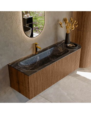 Mondiaz Kurve-Dlux 135cm badmeubel ronding Rechts kleur Walnut met 1 lade en 1 deur. Wastafel Big medium Links 1 kraangat Lava.