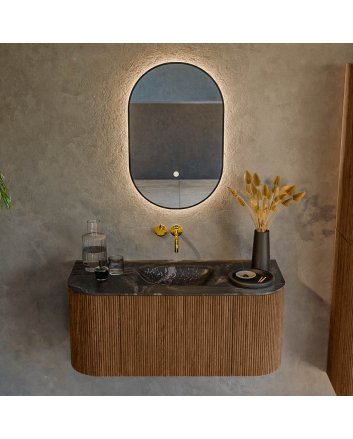 Mondiaz Kurve-Dlux 100cm badmeubel ronding Links + Rechts kleur Walnut met 1 lade en 2 deuren. Wastafel Grunne Midden zonder kraangat Lava.
