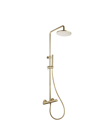 Sani DeLuxe Doucheset opbouw thermostatisch (in hoogte verstelbaar) rond Goud Geborsteld met geribbeld knop douchekop 25 cm
