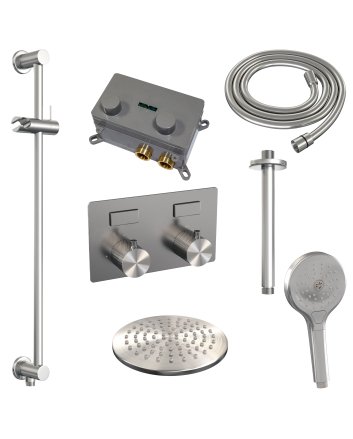 BRAUER Brushed Carving thermostatische inbouw regendouche met drukknoppen SET 71 met 20 cm douchekop en plafondarm en 3-standen handdouche en doucheslang en geïntegreerde glijstang RVS geborsteld PVD