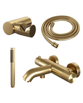 BRAUER Gold Carving opbouw baddouche thermostaatkraan SET 03 met wandhouder en staaf handdouche en doucheslang goud geborsteld PVD