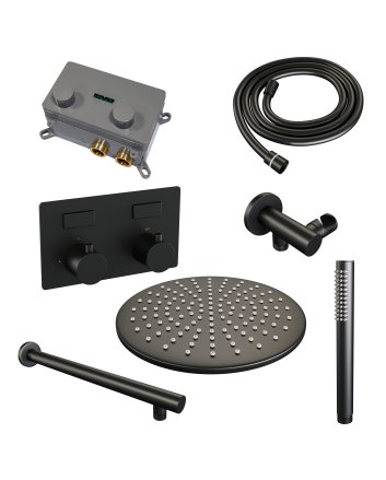 BRAUER Black Edition thermostatische inbouw regendouche met drukknoppen SET 50 met 30 cm douchekop en rechte muurarm en staaf handdouche en doucheslang en wandaansluitbocht mat zwart