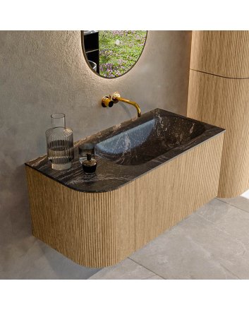 Mondiaz Kurve-Dlux 95cm badmeubel ronding Links kleur Oak met 1 lade en 1 deur. Wastafel Big small Rechts zonder kraangat Lava.