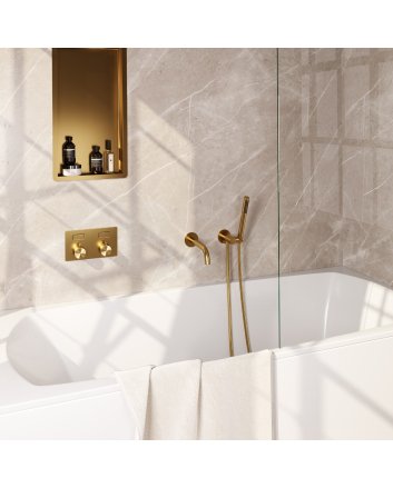 BRAUER Gold Edition thermostatische inbouw badkraan met drukknoppen SET 03 met uitloop en staaf handdouche en doucheslang en wandaansluitbocht goud geborsteld PVD