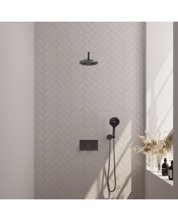 BRAUER Gunmetal Edition thermostatische inbouw regendouche met drukknoppen SET 57 met 20 cm douchekop en gebogen muurarm en 3-standen handdouche en doucheslang en wandaansluitbocht gunmetal geborsteld PVD