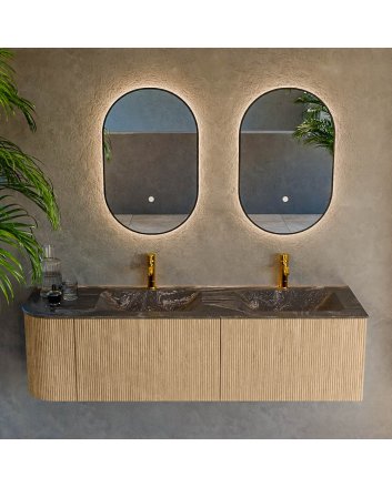 Mondiaz Kurve-Dlux 155cm badmeubel ronding Links kleur Oak met 2 lades en 1 deur. Wastafel Leaf Dubbel / Rechts 2 kraangaten Lava.