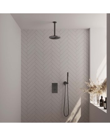 BRAUER Gunmetal Edition thermostatische inbouw regendouche 3-weg omstelling SET 29 met 20 cm douchekop en plafondarm en staaf handdouche en doucheslang en wandaansluitbocht gunmetal geborsteld PVD