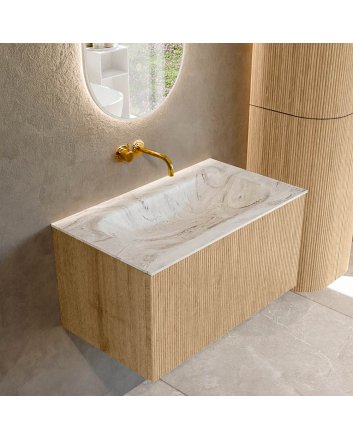 Mondiaz Kurve-Dlux 80cm badmeubel kleur Oak met 1 lade en 0 deuren. Wastafel Big small Midden zonder kraangat Glace.