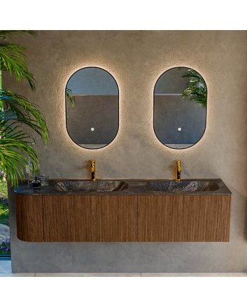 Mondiaz Kurve-Dlux 175cm badmeubel ronding Links kleur Walnut met 2 lades en 1 deur. Wastafel Stor small Dubbel / Rechts 2 kraangaten Lava.