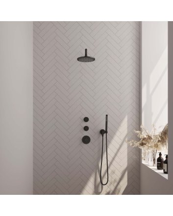 BRAUER Black Carving thermostatische inbouw regendouche SET 03 met 20 cm douchekop en gebogen muurarm en staaf handdouche en doucheslang en wandaansluitbocht mat zwart