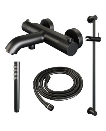 BRAUER Black Carving opbouw baddouche thermostaatkraan SET 01 met glijstang en staaf handdouche en doucheslang mat zwart