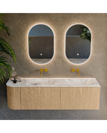 Mondiaz Kurve-Dlux 155cm badmeubel ronding Links kleur Oak met 2 lades en 1 deur. Wastafel Leaf Dubbel / Rechts zonder kraangat Glace.