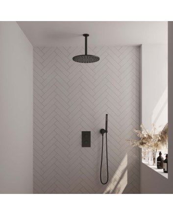 BRAUER Black Carving thermostatische inbouw regendouche 3-weg omstelling SET 30 met 30 cm douchekop en plafondarm en staaf handdouche en doucheslang en wandaansluitbocht mat zwart