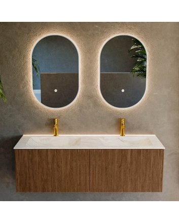 Mondiaz Kurve-Dlux 130cm badmeubel kleur Walnut met 2 lades en 0 deuren. Wastafel Leaf Dubbel 2 kraangaten Ostra.