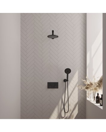 BRAUER Black Carving thermostatische inbouw regendouche met drukknoppen SET 55 met 20 cm douchekop en rechte muurarm en 3-standen handdouche en doucheslang en wandaansluitbocht mat zwart