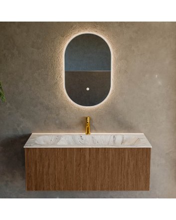 Mondiaz Kurve-Dlux 110cm badmeubel kleur Walnut met 1 lade en 0 deuren. Wastafel Big medium Midden 1 kraangat Glace.