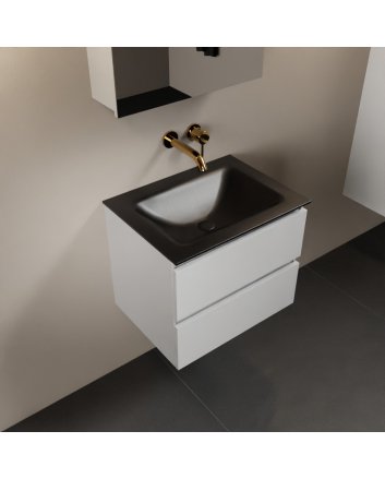 Mondiaz Aivy 60cm badmeubel Talc, wastafel Urban solid surface midden zonder kraangat met spiegelkast