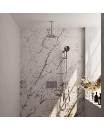 BRAUER Chrome Edition thermostatische inbouw regendouche met drukknoppen SET 71 met 20 cm douchekop en plafondarm en 3-standen handdouche en doucheslang en geïntegreerde glijstang chroom