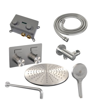 BRAUER Brushed Carving thermostatische inbouw regendouche met drukknoppen SET 58 met 30 cm douchekop en gebogen muurarm en 3-standen handdouche en doucheslang en wandaansluitbocht RVS geborsteld PVD