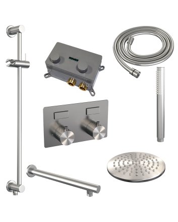 BRAUER Brushed Carving thermostatische inbouw regendouche met drukknoppen SET 61 met 20 cm douchekop en rechte muurarm en staaf handdouche en doucheslang en geïntegreerde glijstang RVS geborsteld PVD