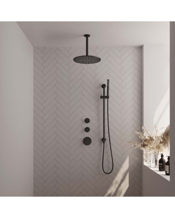 BRAUER Black Edition thermostatische inbouw regendouche SET 18 met 30 cm douchekop en plafondarm en staaf handdouche en doucheslang en geïntegreerde glijstang mat zwart