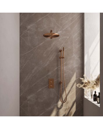 BRAUER Copper Edition thermostatische inbouw regendouche 3-weg omstelling SET 38 met 30 cm douchekop en rechte muurarm en staaf handdouche en doucheslang en geïntegreerde glijstang koper geborsteld PVD