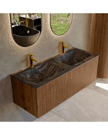 Mondiaz Kurve-Dlux 120cm badmeubel kleur Walnut met 1 lade en 0 deuren. Wastafel Leaf Dubbel 2 kraangaten Lava.