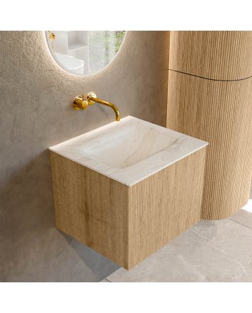 Mondiaz Kurve-Dlux 50cm badmeubel kleur Oak met 1 lade en 0 deuren. Wastafel Grunne Midden zonder kraangat Ostra.