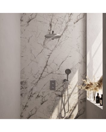 BRAUER Brushed Edition thermostatische inbouw regendouche 3-weg omstelling SET 32 met 30 cm douchekop en rechte muurarm en 3-standen handdouche en doucheslang en wandaansluitbocht RVS geborsteld PVD