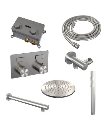 BRAUER Brushed Carving thermostatische inbouw regendouche met drukknoppen SET 49 met 20 cm douchekop en rechte muurarm en staaf handdouche en doucheslang en wandaansluitbocht RVS geborsteld PVD