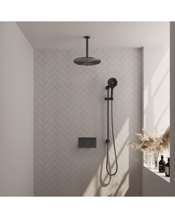 BRAUER Brushed Carving thermostatische inbouw regendouche met drukknoppen SET 72 met 30 cm douchekop en plafondarm en 3-standen handdouche en doucheslang en geïntegreerde glijstang RVS geborsteld PVD