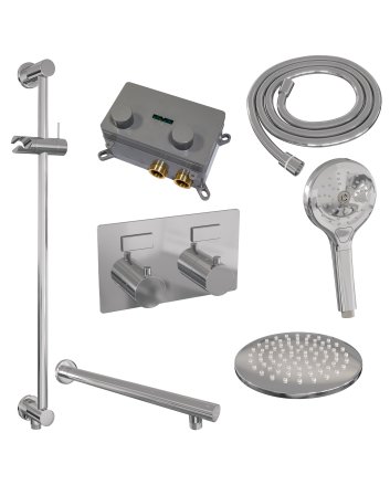 BRAUER Chrome Edition thermostatische inbouw regendouche met drukknoppen SET 67 met 20 cm douchekop en rechte muurarm en 3-standen handdouche en doucheslang en geïntegreerde glijstang chroom