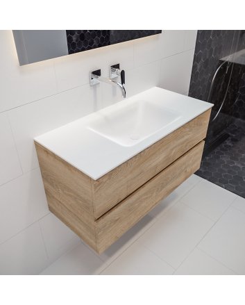 Mondiaz Vica 100 badmeubel washed oak 2 lades Cloud midden geen kraangat